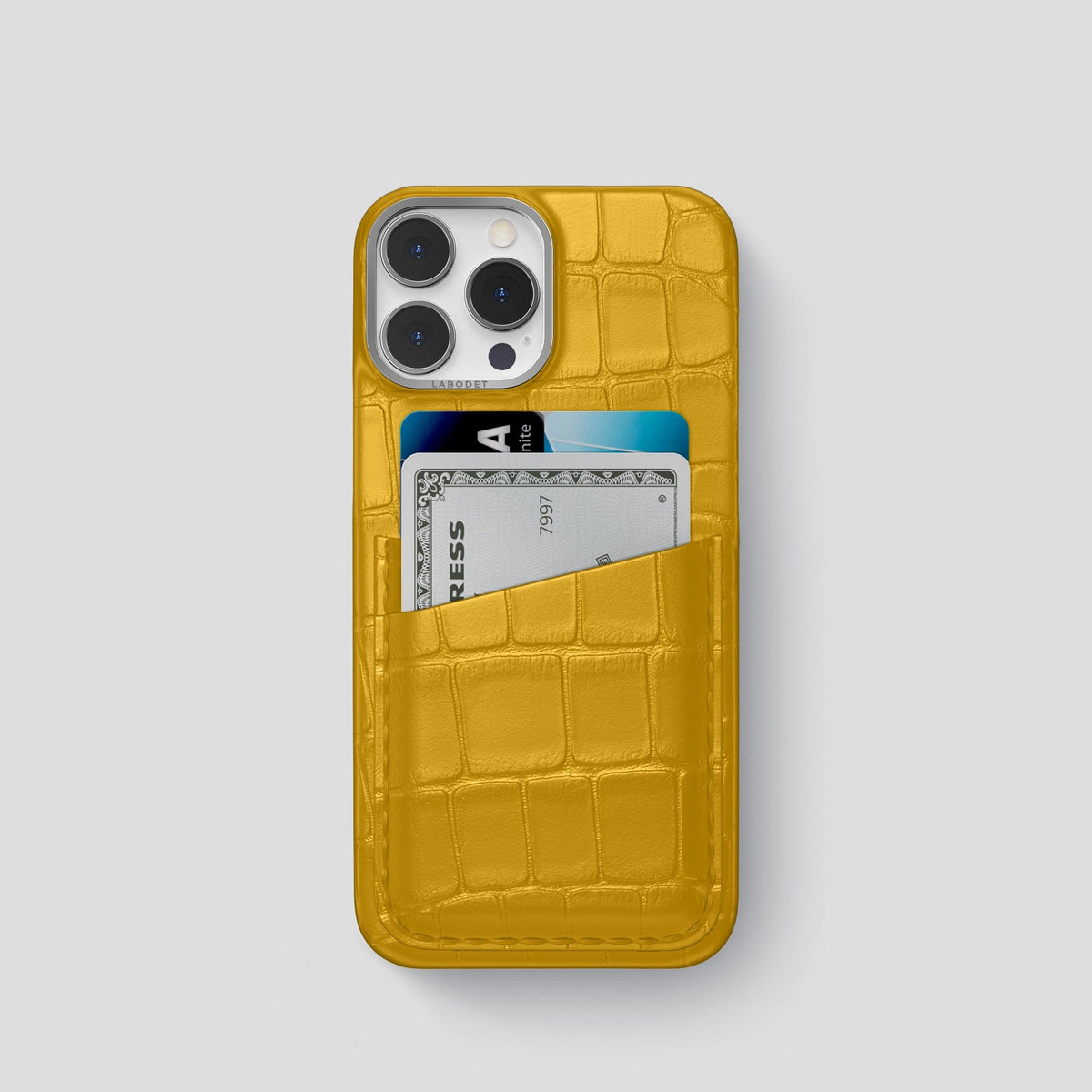Yellow iPhone 13 Pro Card Case Alligator with Steel Metal -1 | Yellow-Steel