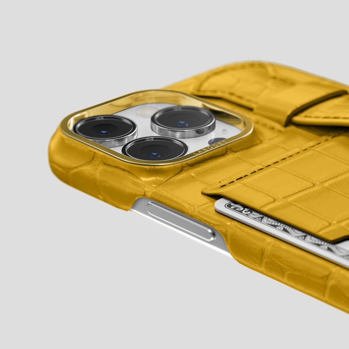 Yellow iPhone 13 Pro Cardholder Strap Case Alligator with Gold Metal -5 | Yellow-Gold