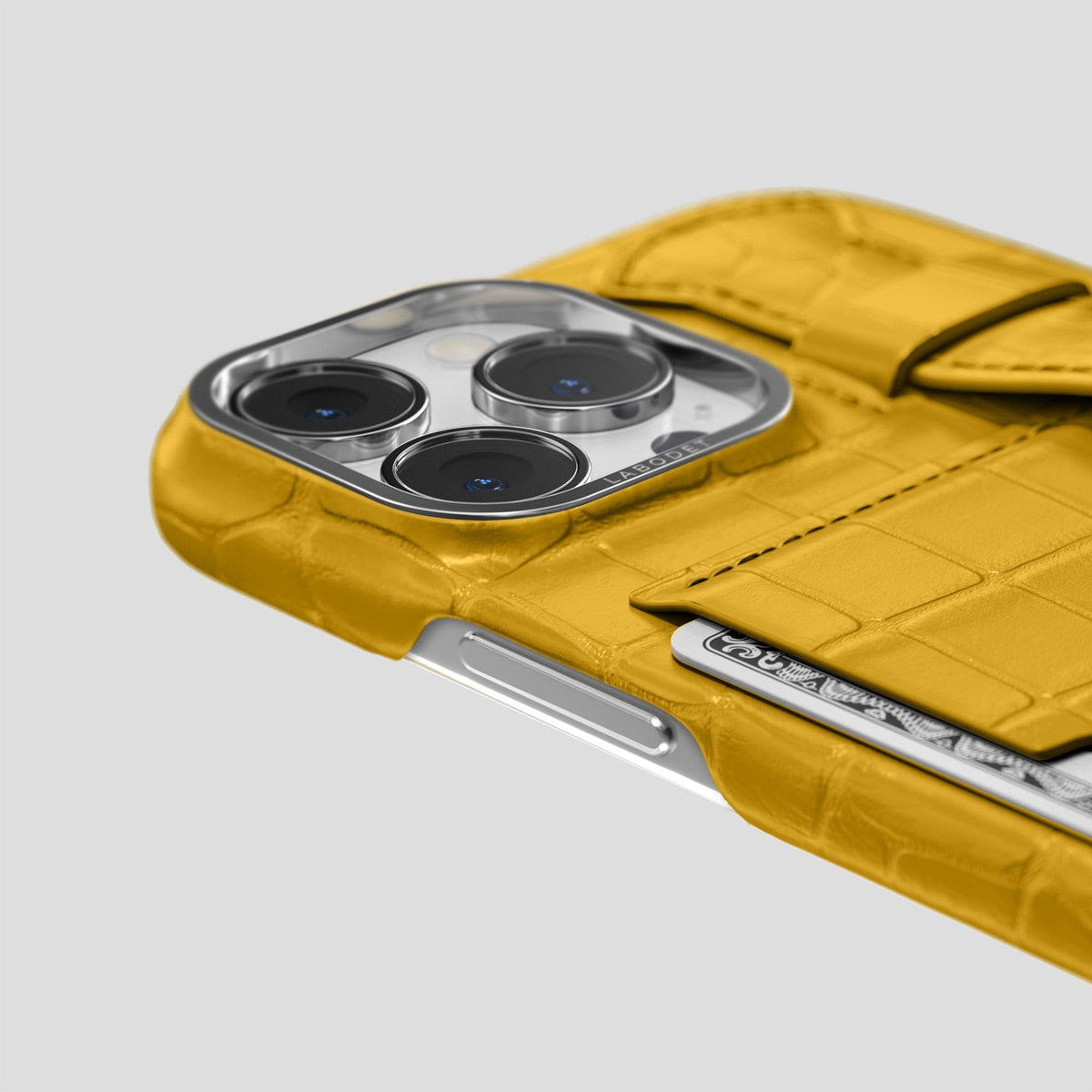 Yellow iPhone 13 Pro Cardholder Strap Case Alligator with Steel Metal -5 | Yellow-Steel