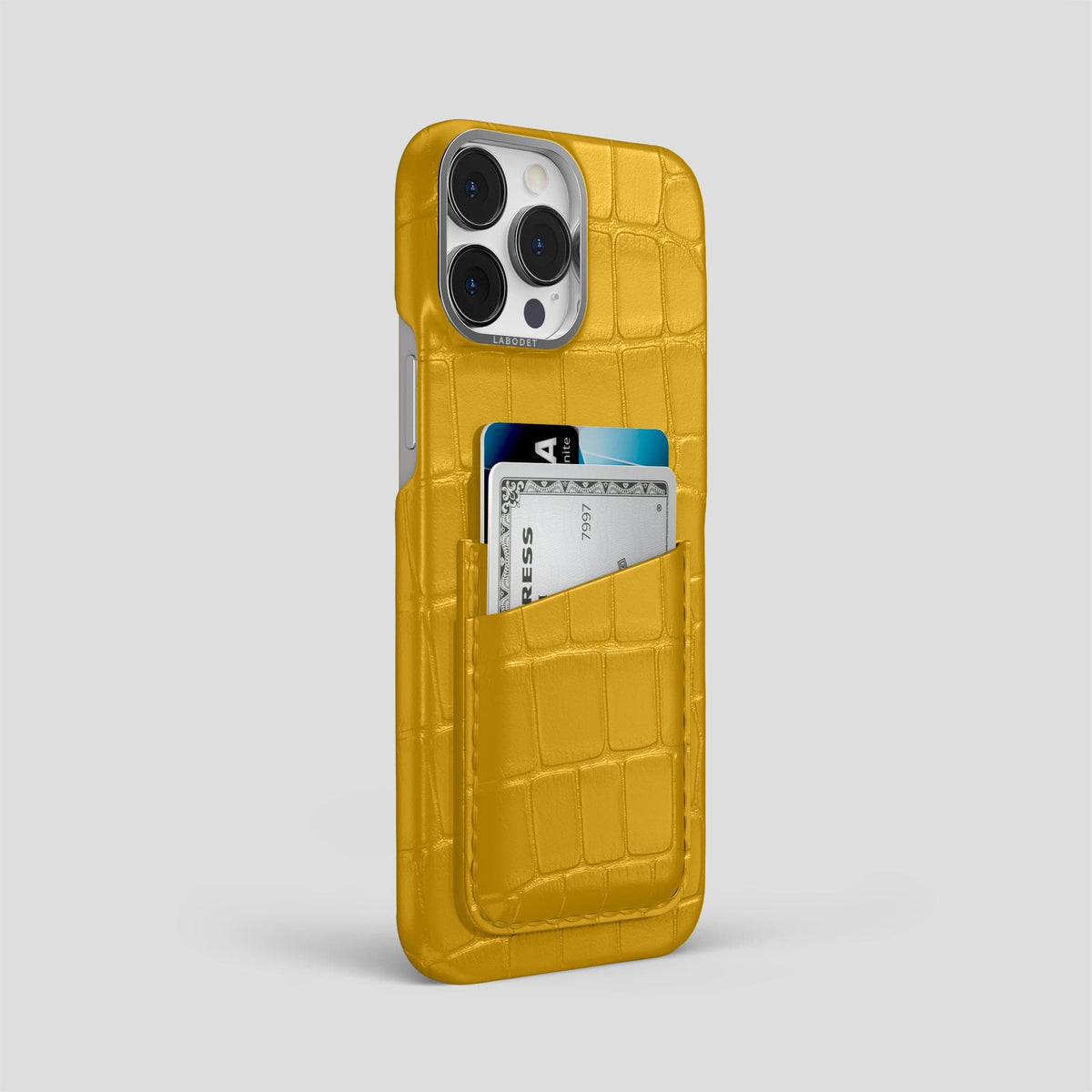 Yellow iPhone 13 Pro Max Card Case Alligator with Steel Metal -2 | Yellow-Steel