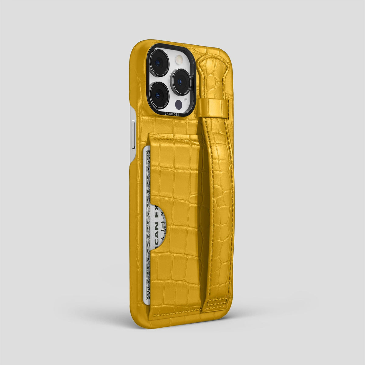 Yellow iPhone 13 Pro Max Cardholder Strap Case Alligator with Black Metal -2 | Yellow-Black