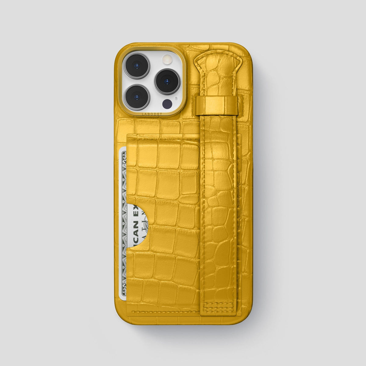 Yellow iPhone 13 Pro Max Cardholder Strap Case Alligator with Gold Metal -1 | Yellow-Gold