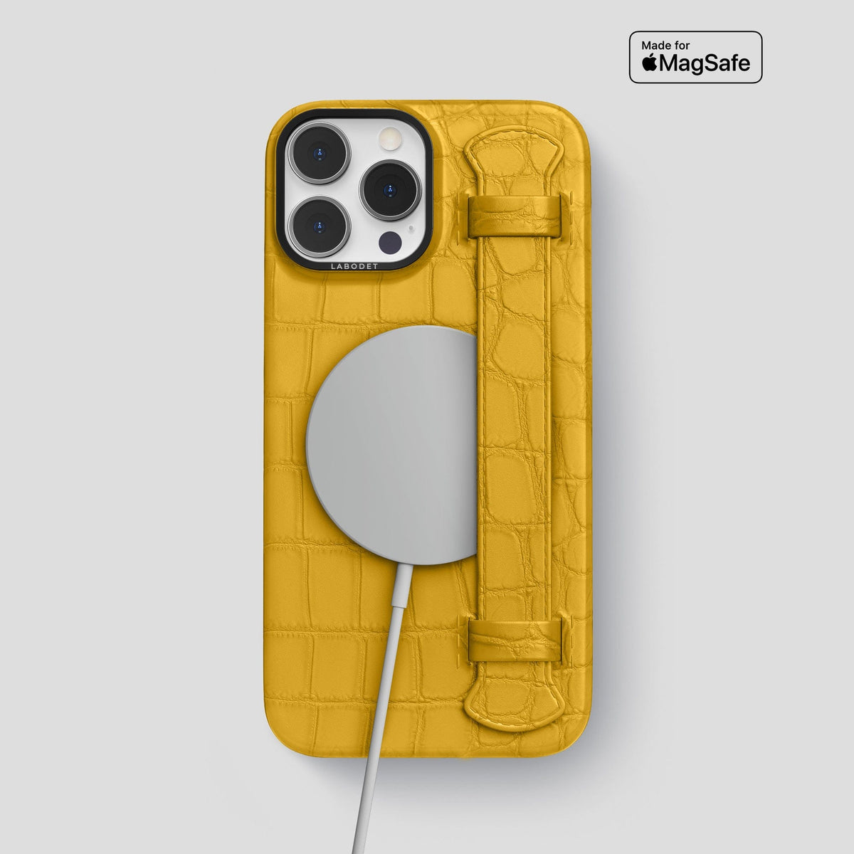 Yellow iPhone 13 Pro Max Strap Case Alligator with Black Metal -4 | Yellow-Black