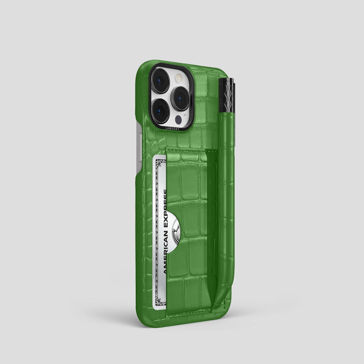 Apple-Green iPhone 14 Pro Card and Pen Holder Case Alligator with Black Metal -2 | Apple-Green-Black