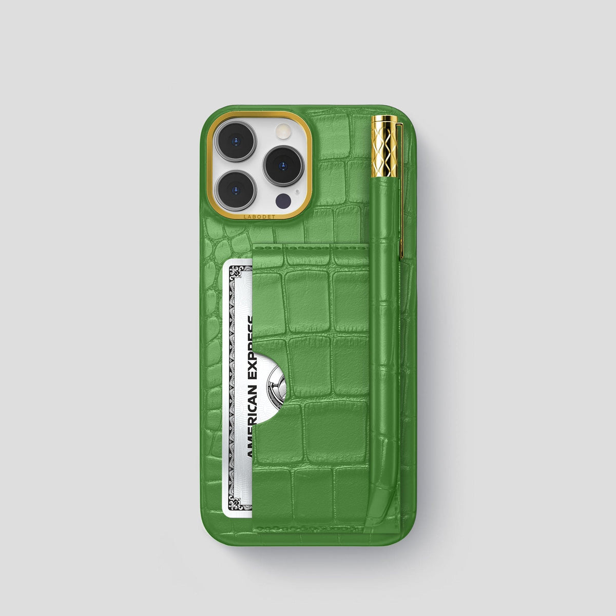 Apple-Green iPhone 14 Pro Card and Pen Holder Case Alligator with Gold Metal -1 | Apple-Green-Gold