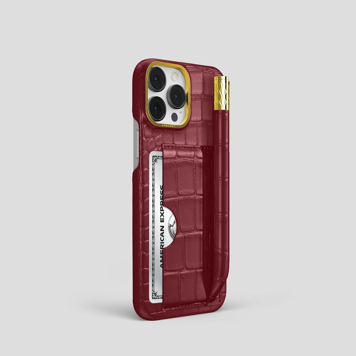 Burgundy iPhone 14 Pro Card and Pen Holder Case Alligator with Gold Metal -2 | Burgundy-Gold
