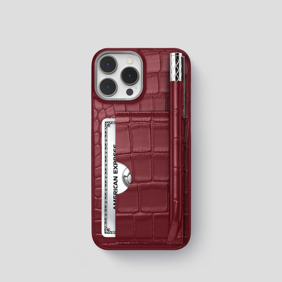 Burgundy iPhone 14 Pro Card and Pen Holder Case Alligator with Steel Metal -1 | Burgundy-Steel