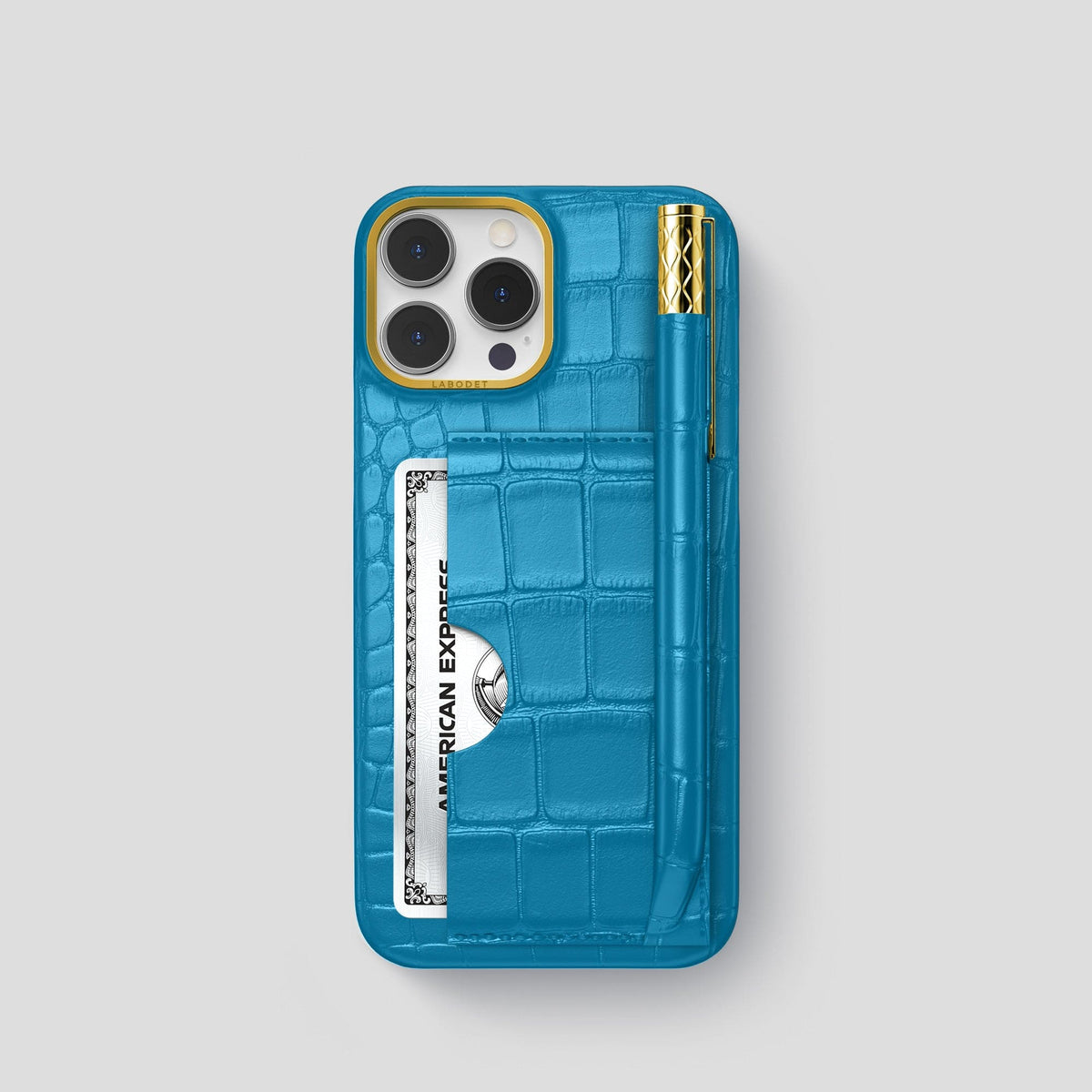 Curaçao-Blue iPhone 14 Pro Card and Pen Holder Case Alligator with Gold Metal -1 | Curaçao-Blue-Gold