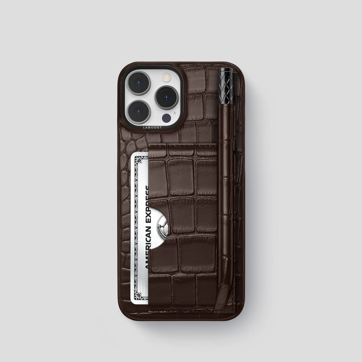Dark Brown iPhone 14 Pro Card and Pen Holder Case Alligator with Black Metal -1 | Dark-Brown-Black