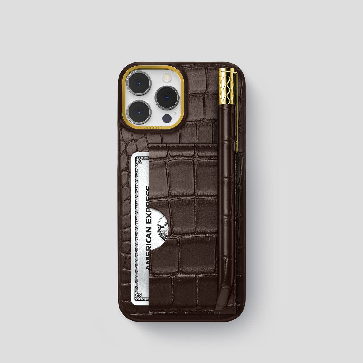 Dark Brown iPhone 14 Pro Card and Pen Holder Case Alligator with Gold Metal -1 | Dark-Brown-Gold