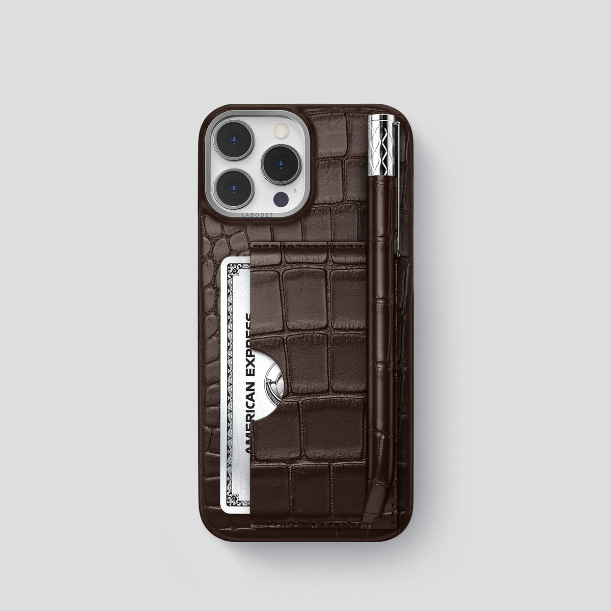 Dark Brown iPhone 14 Pro Card and Pen Holder Case Alligator with Steel Metal -1 | Dark-Brown-Steel