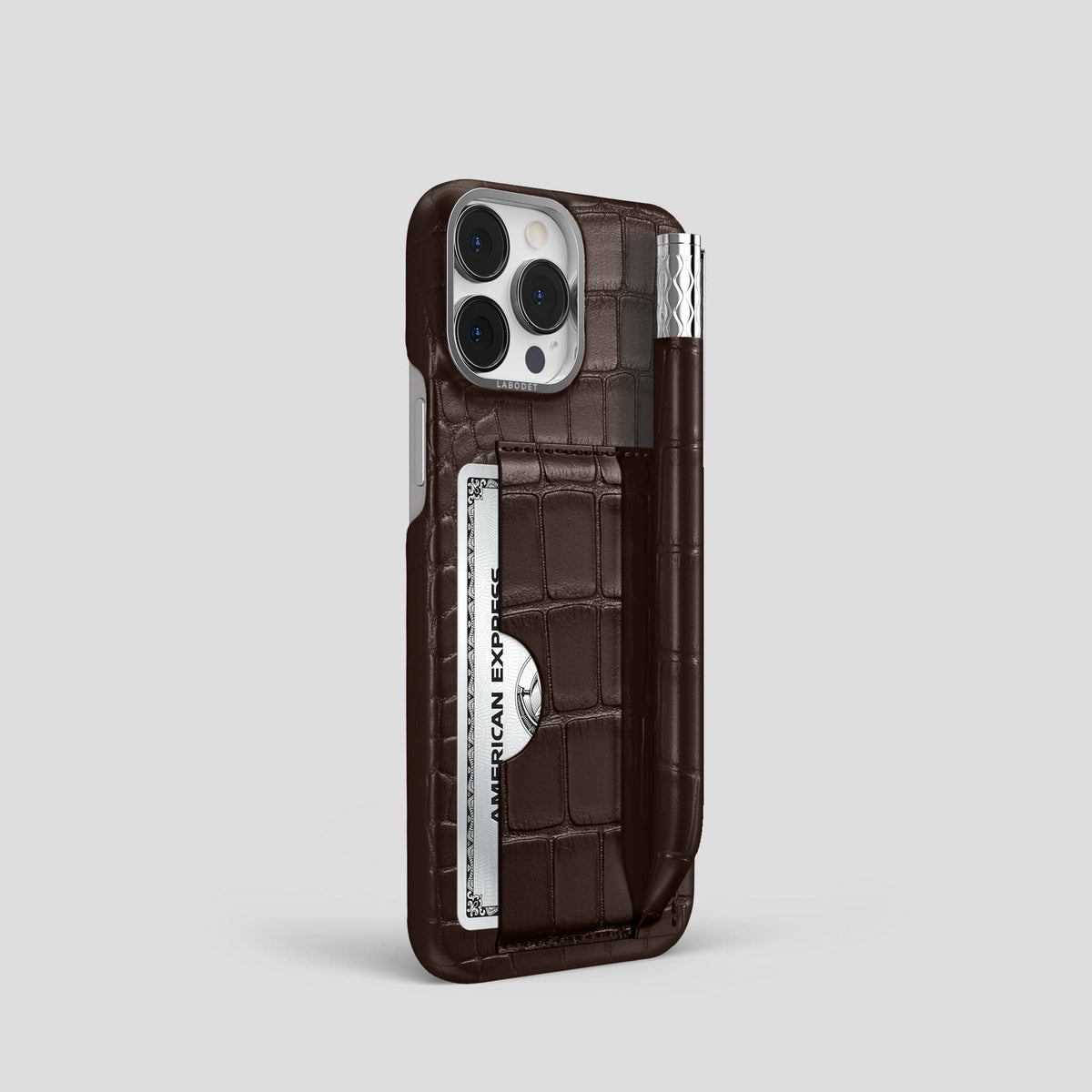 Dark Brown iPhone 14 Pro Card and Pen Holder Case Alligator with Steel Metal -2 | Dark-Brown-Steel