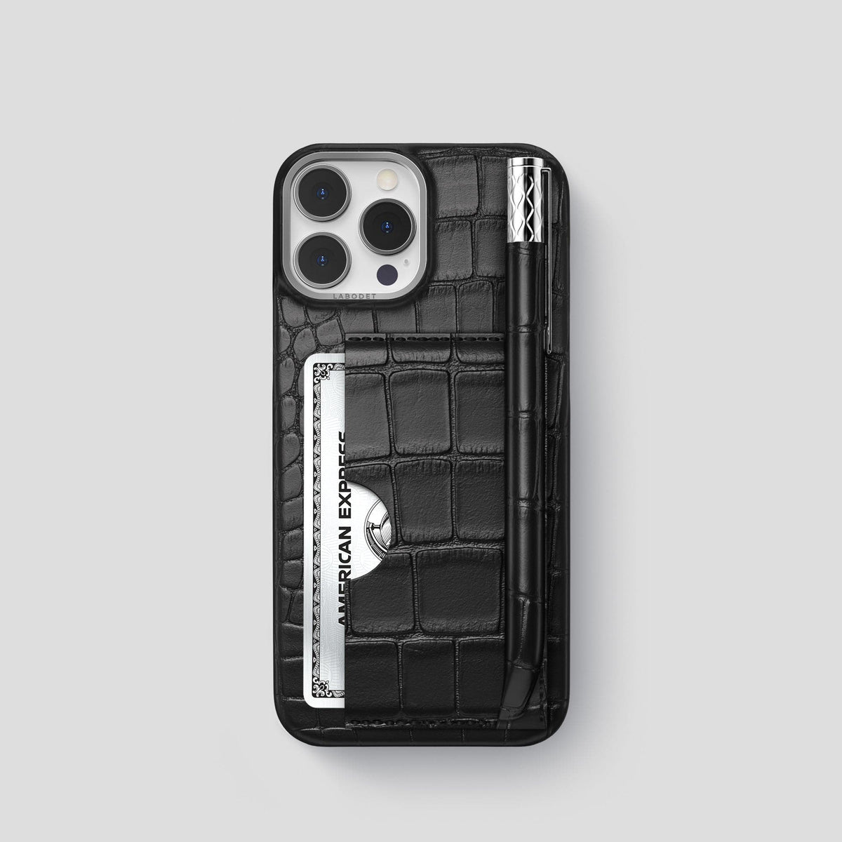 Black iPhone 14 Pro Card and Pen Holder Case Alligator with Steel Metal -1 | Black-Steel
