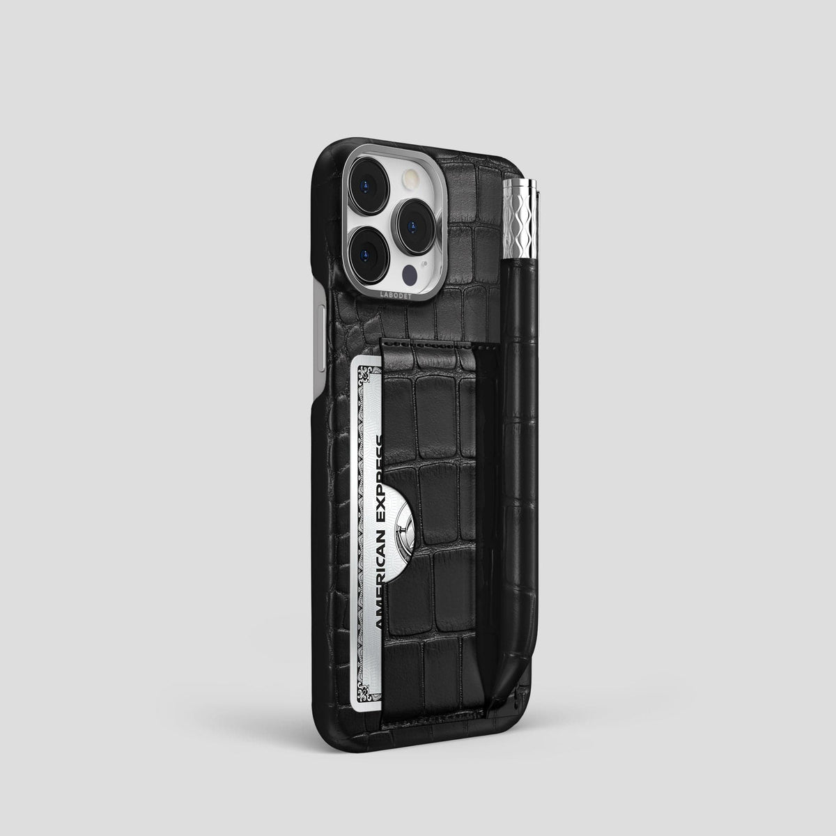 Black iPhone 14 Pro Card and Pen Holder Case Alligator with Steel Metal -2 | Black-Steel