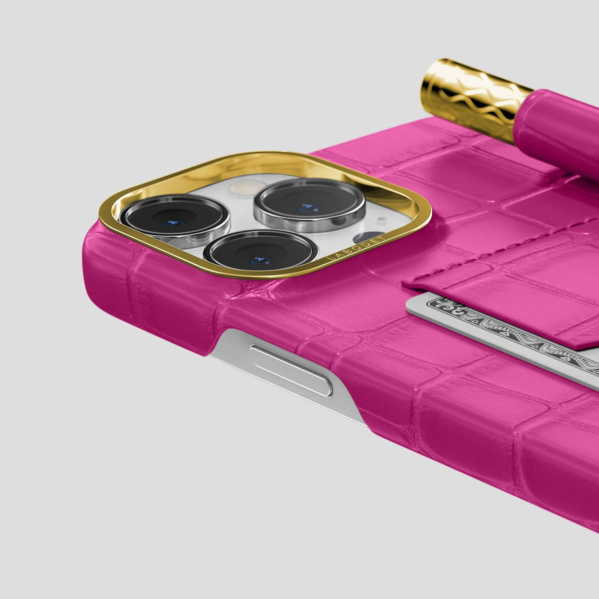 Fuchsia iPhone 14 Pro Card and Pen Holder Case Alligator with Gold Metal -4 | Fuchsia-Gold