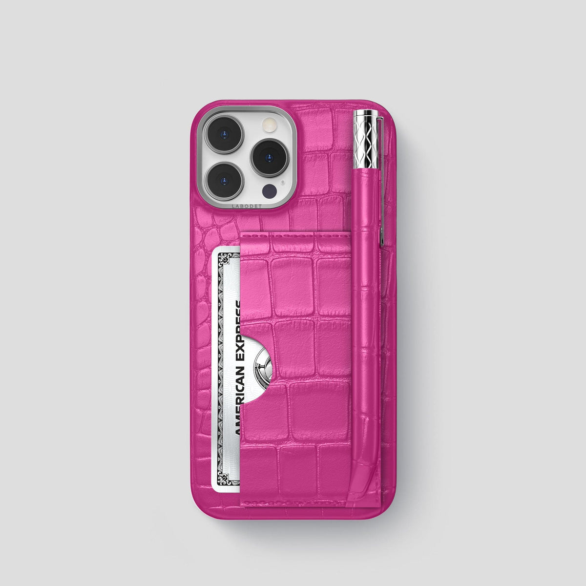 Fuchsia iPhone 14 Pro Card and Pen Holder Case Alligator with Steel Metal -1 | Fuchsia-Steel
