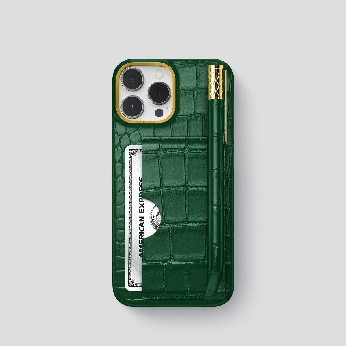 Forest-Green iPhone 14 Pro Card and Pen Holder Case Alligator with Gold Metal -1 | Forest-Green-Gold