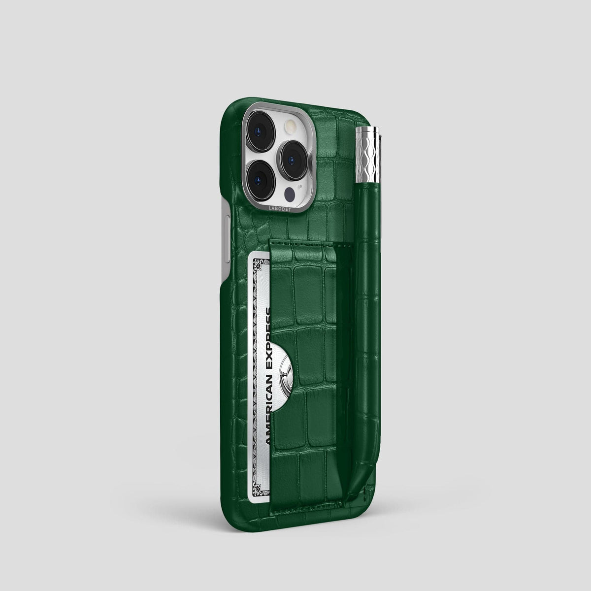 Forest-Green iPhone 14 Pro Card and Pen Holder Case Alligator with Steel Metal -2 | Forest-Green-Steel