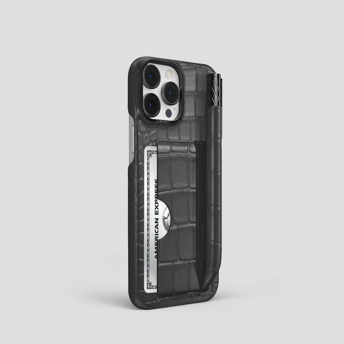 Grey iPhone 14 Pro Card and Pen Holder Case Alligator with Black Metal -2 | Grey-Black