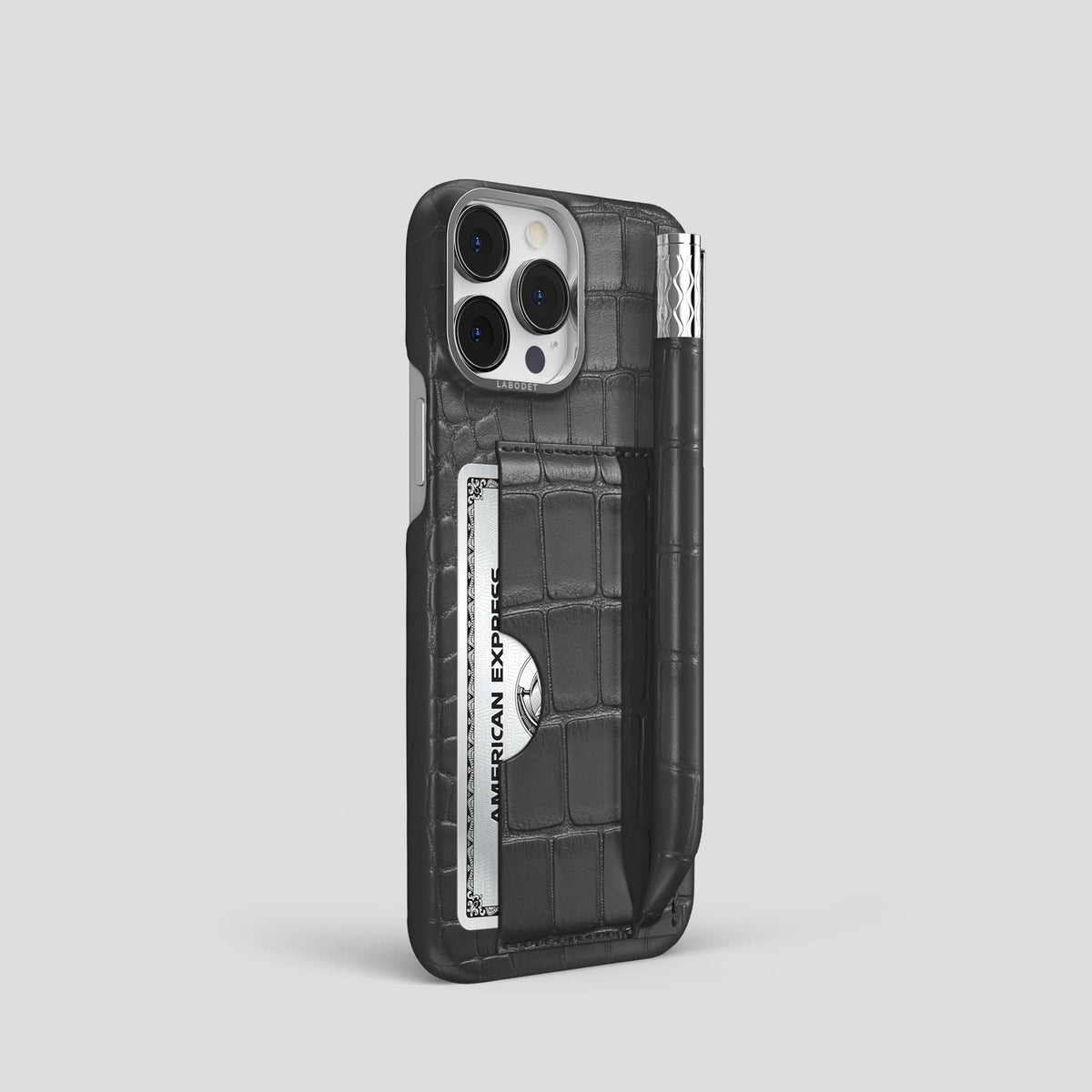 Grey iPhone 14 Pro Card and Pen Holder Case Alligator with Steel Metal -2 | Grey-Steel
