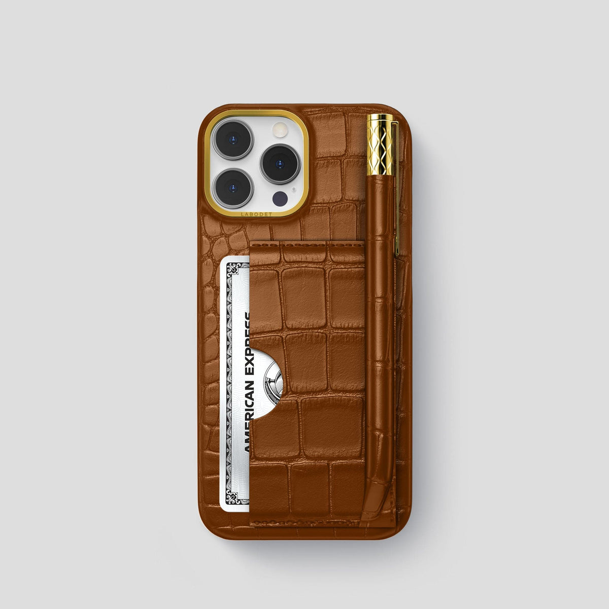 Honey iPhone 14 Pro Card and Pen Holder Case Alligator with Gold Metal -1 | Honey-Gold