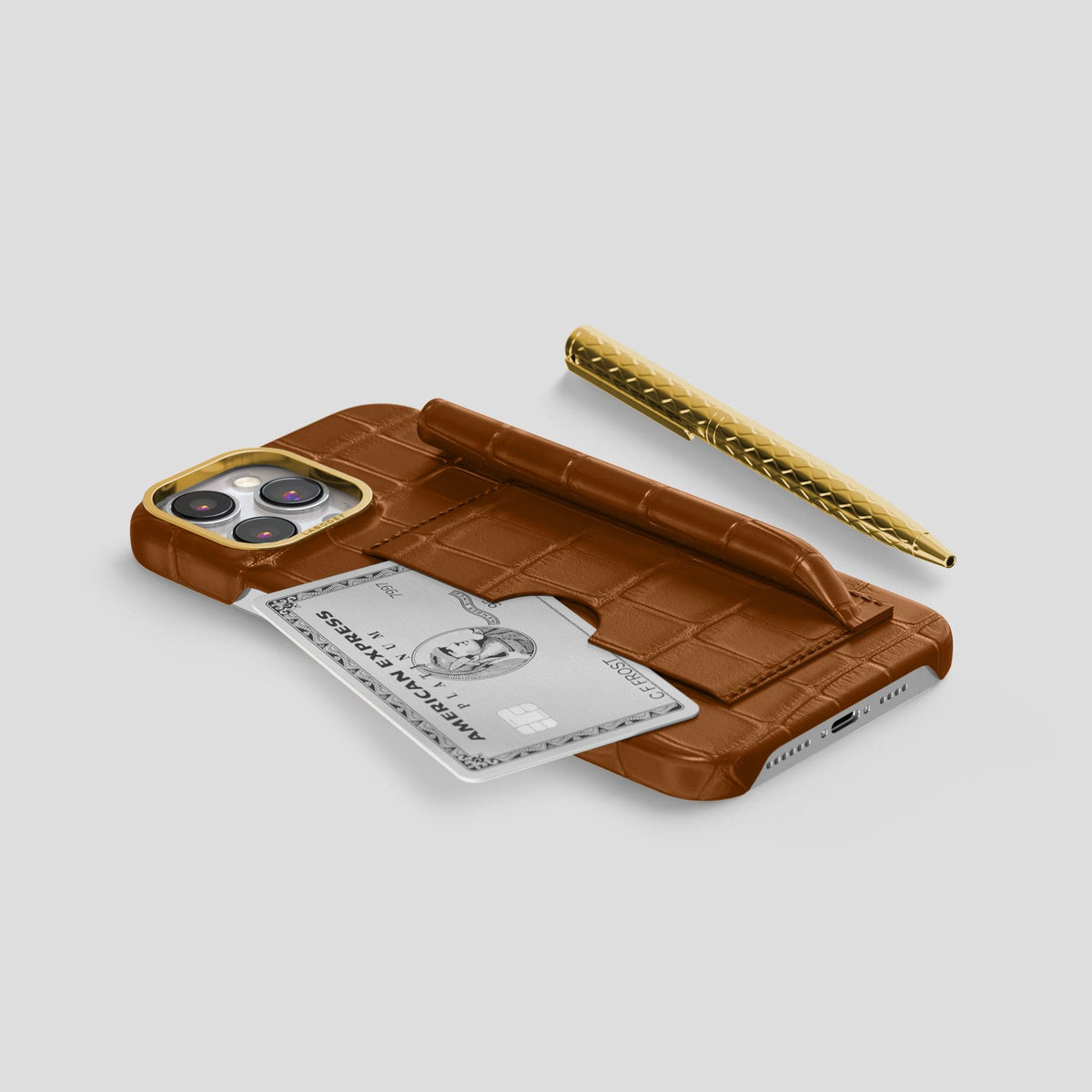 Honey iPhone 14 Pro Card and Pen Holder Case Alligator with Gold Metal -5 | Honey-Gold
