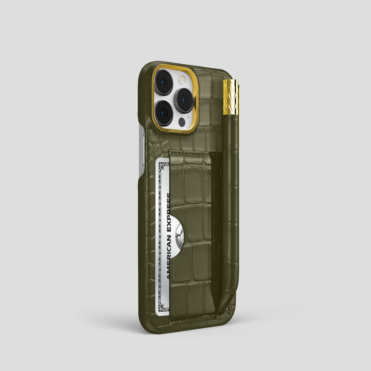 Kaki-Green iPhone 14 Pro Card and Pen Holder Case Alligator with Gold Metal -2 | Kaki-Green-Gold