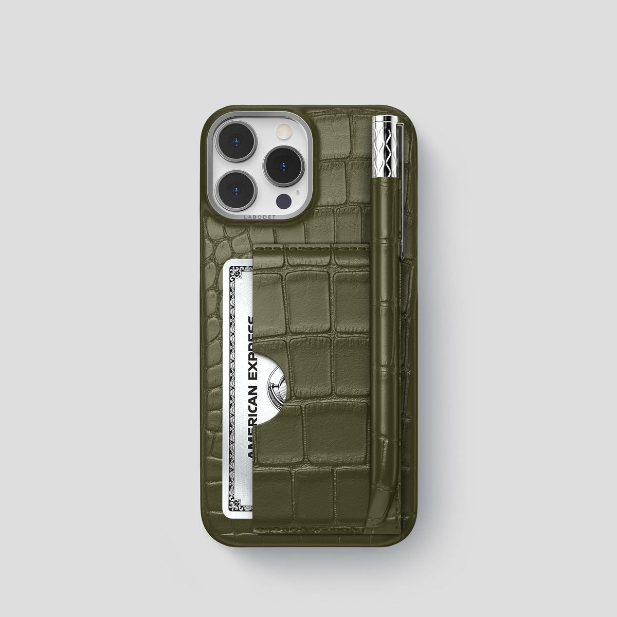 Kaki-Green iPhone 14 Pro Card and Pen Holder Case Alligator with Steel Metal -1 | Kaki-Green-Steel
