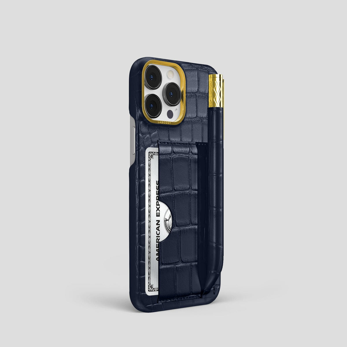 Navy Blue iPhone 14 Pro Card and Pen Holder Case Alligator with Gold Metal -2 | Navy-Blue-Gold