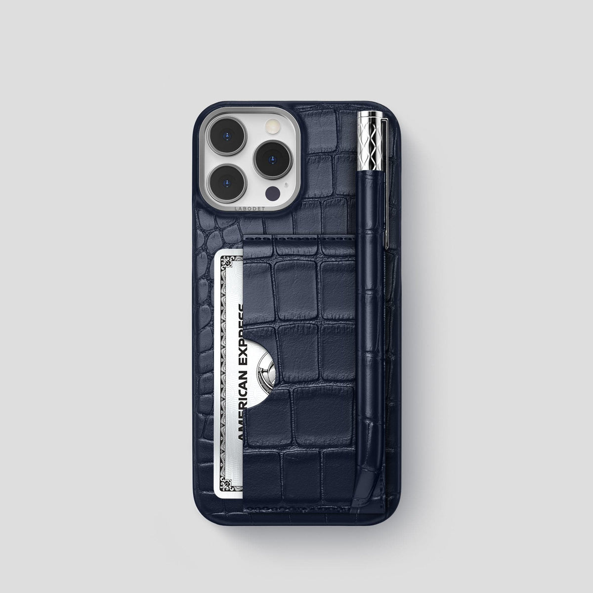 Navy Blue iPhone 14 Pro Card and Pen Holder Case Alligator with Steel Metal -1 | Navy-Blue-Steel