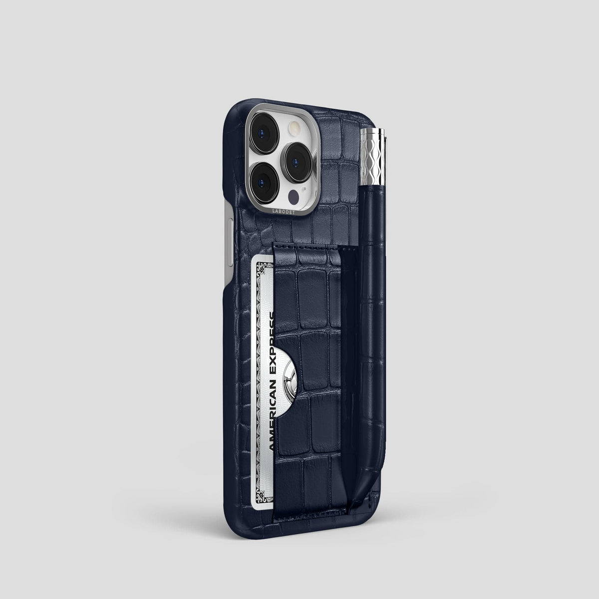 Navy Blue iPhone 14 Pro Card and Pen Holder Case Alligator with Steel Metal -2 | Navy-Blue-Steel
