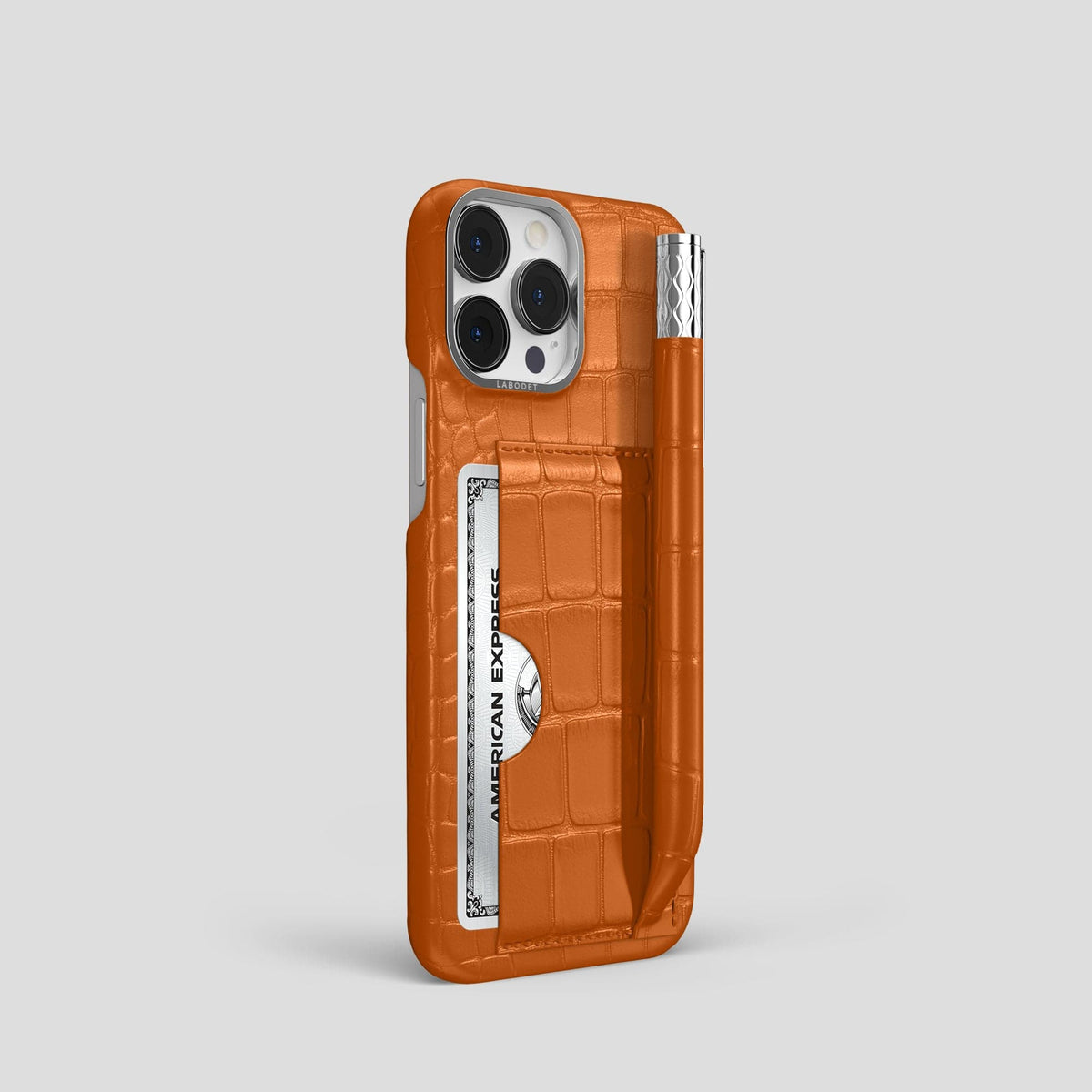 Orange iPhone 14 Pro Card and Pen Holder Case Alligator with Steel Metal -2 | Orange-Steel