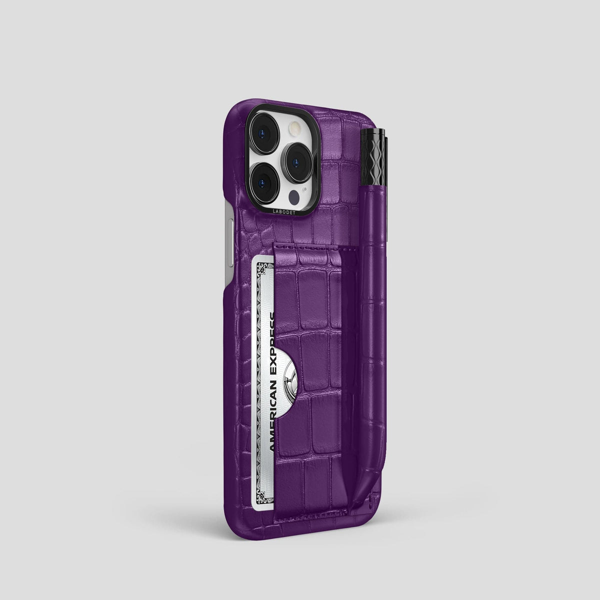 Purple iPhone 14 Pro Card and Pen Holder Case Alligator with Black Metal -2 | Purple-Black