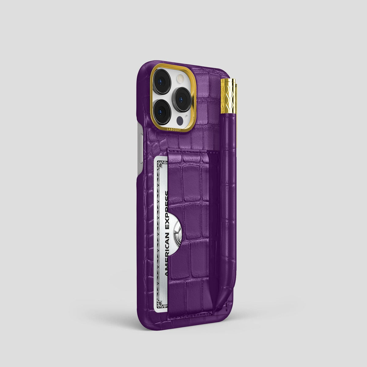 Purple iPhone 14 Pro Card and Pen Holder Case Alligator with Gold Metal -2 | Purple-Gold