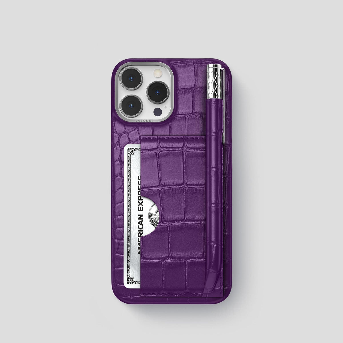 Purple iPhone 14 Pro Card and Pen Holder Case Alligator with Steel Metal -1 | Purple-Steel