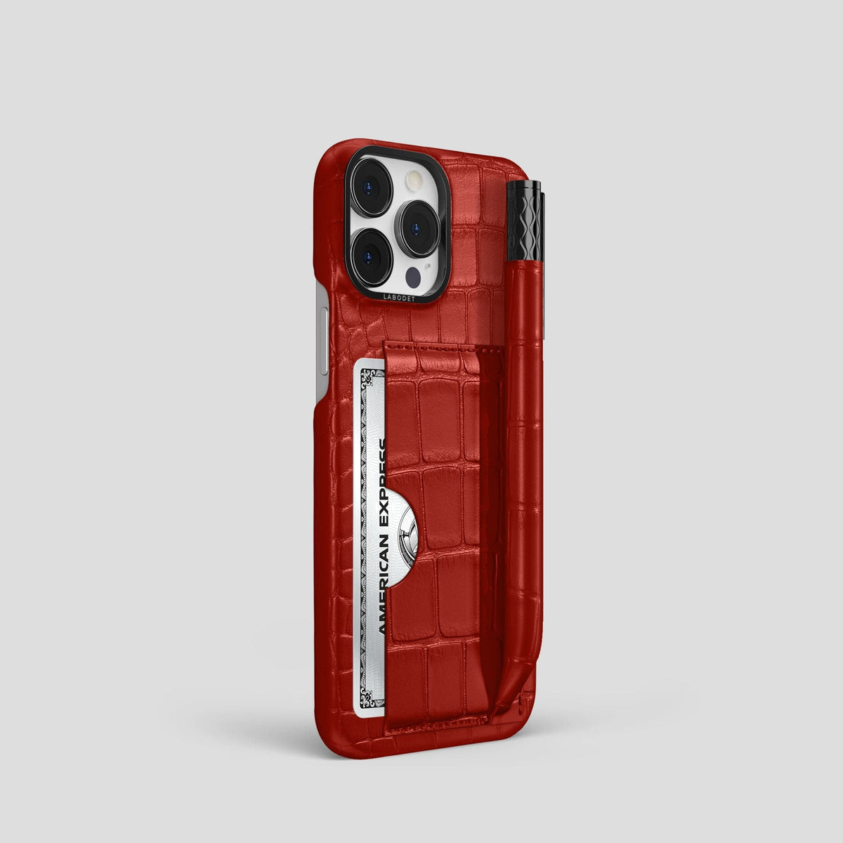 Red iPhone 14 Pro Card and Pen Holder Case Alligator with Black Metal -2 | Red-Black