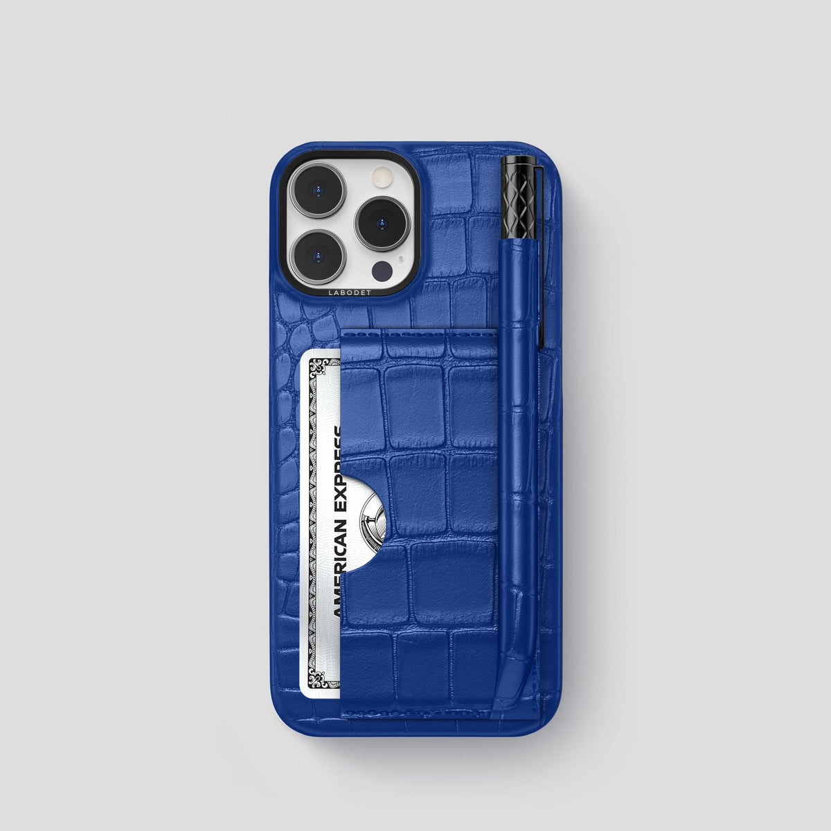 Royal Blue iPhone 14 Pro Card and Pen Holder Case Alligator with Black Metal -1 | Royal-Blue-Black