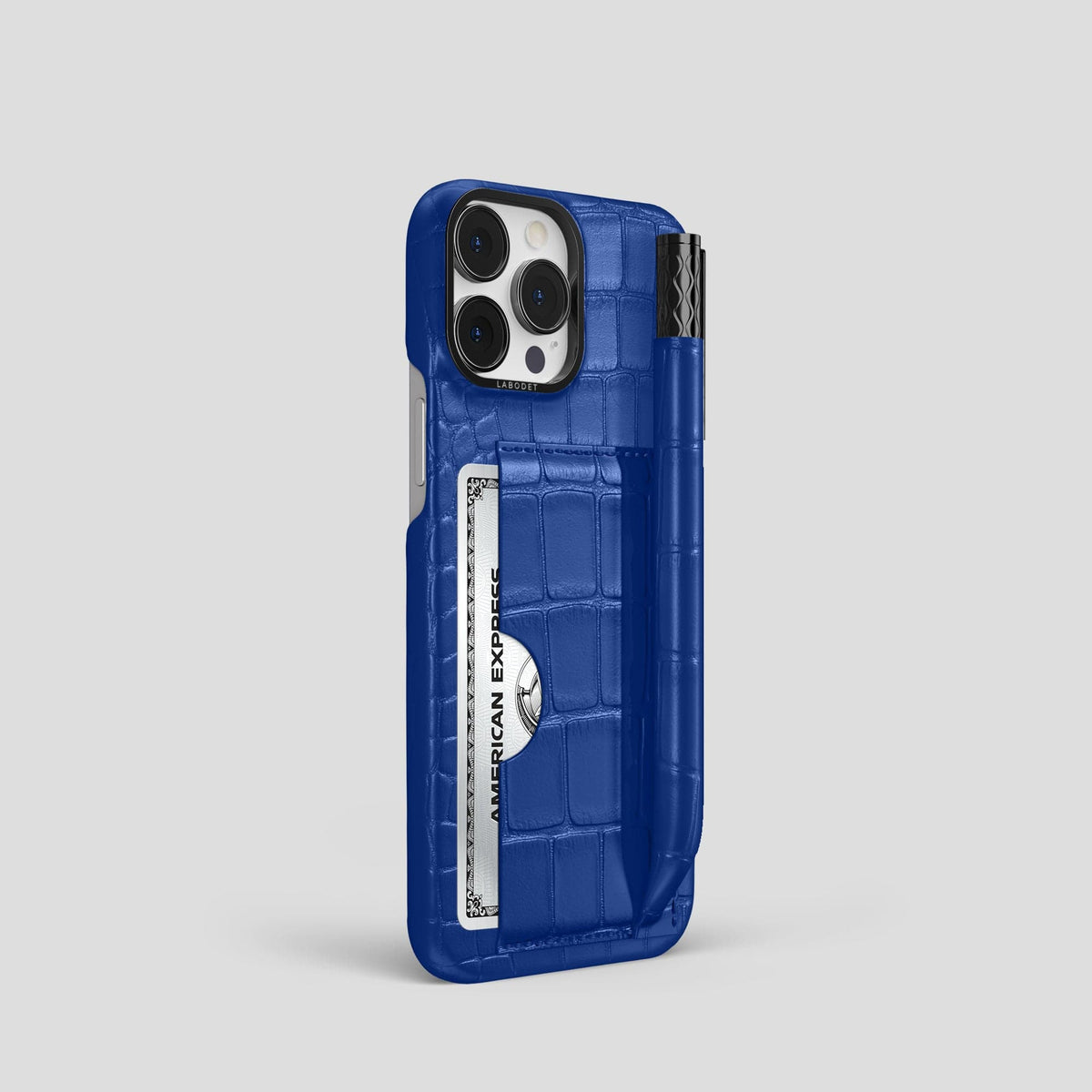 Royal Blue iPhone 14 Pro Card and Pen Holder Case Alligator with Black Metal -2 | Royal-Blue-Black