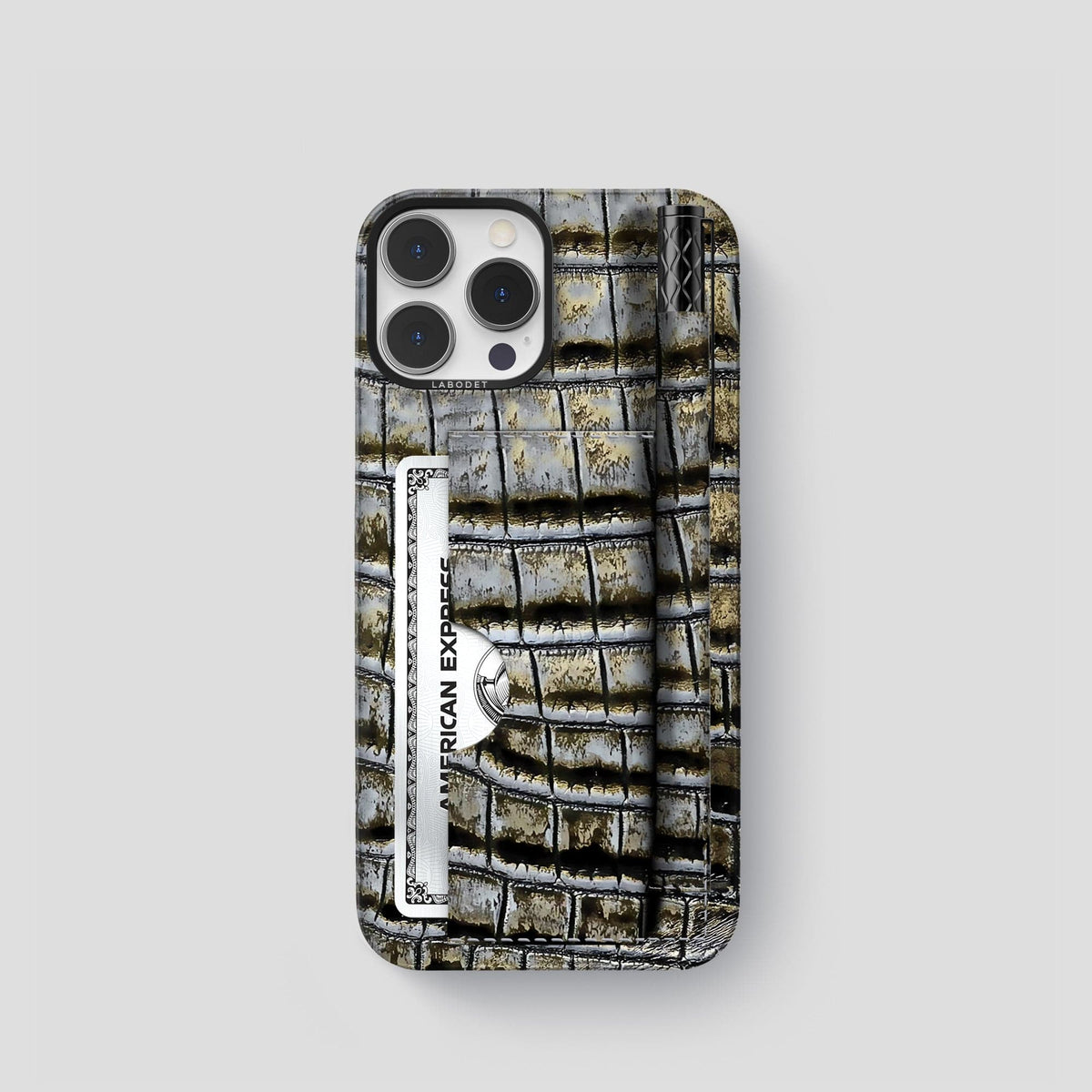 Antique-Bronze iPhone 14 Pro Himalaya Сard and Pen Holder Case with Black Metal -1 | Antique-Bronze-Black