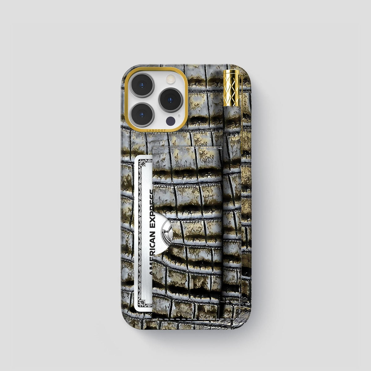 Antique-Bronze iPhone 14 Pro Himalaya Сard and Pen Holder Case with Gold Metal -1 | Antique-Bronze-Gold