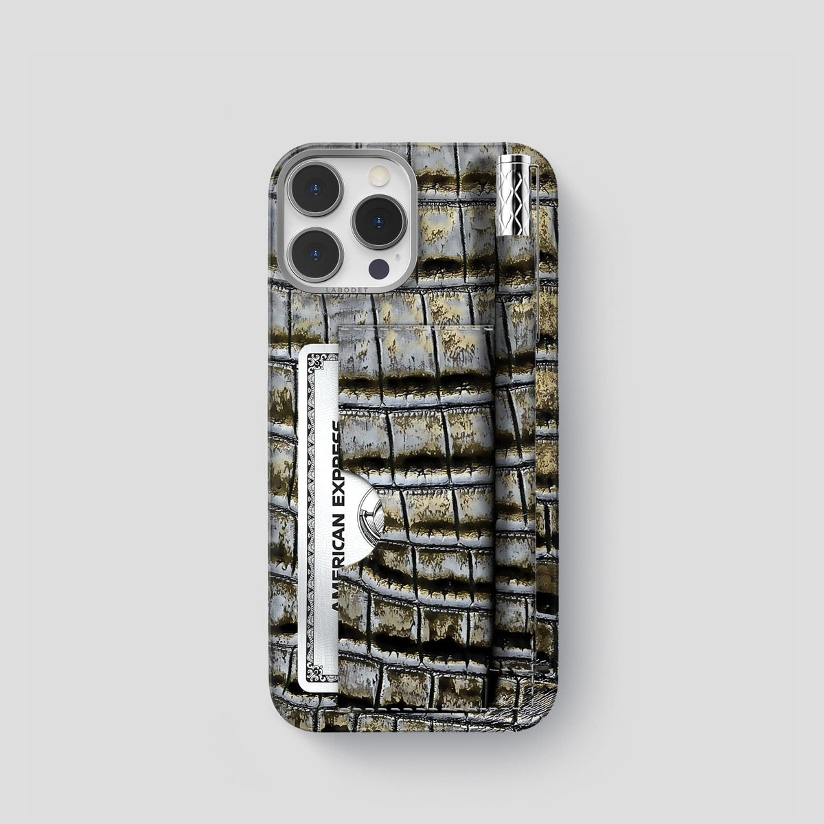 Antique-Bronze iPhone 14 Pro Himalaya Сard and Pen Holder Case with Steel Metal -1 | Antique-Bronze-Steel