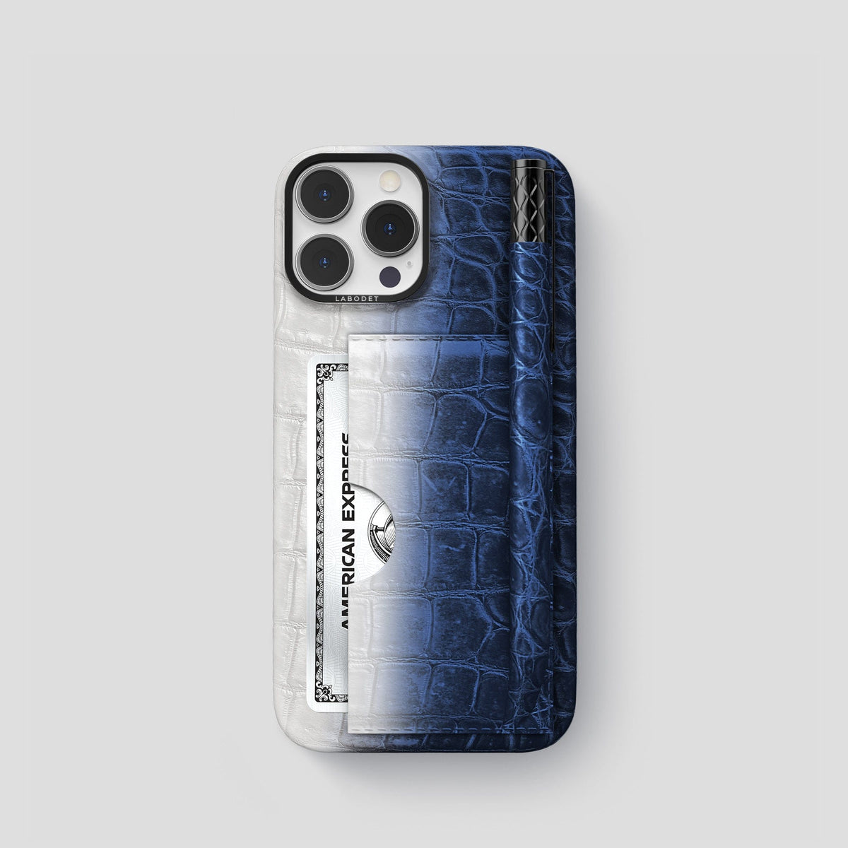 Navy Blue iPhone 14 Pro Himalaya Сard and Pen Holder Case with Black Metal -1 | Navy-Blue-Black