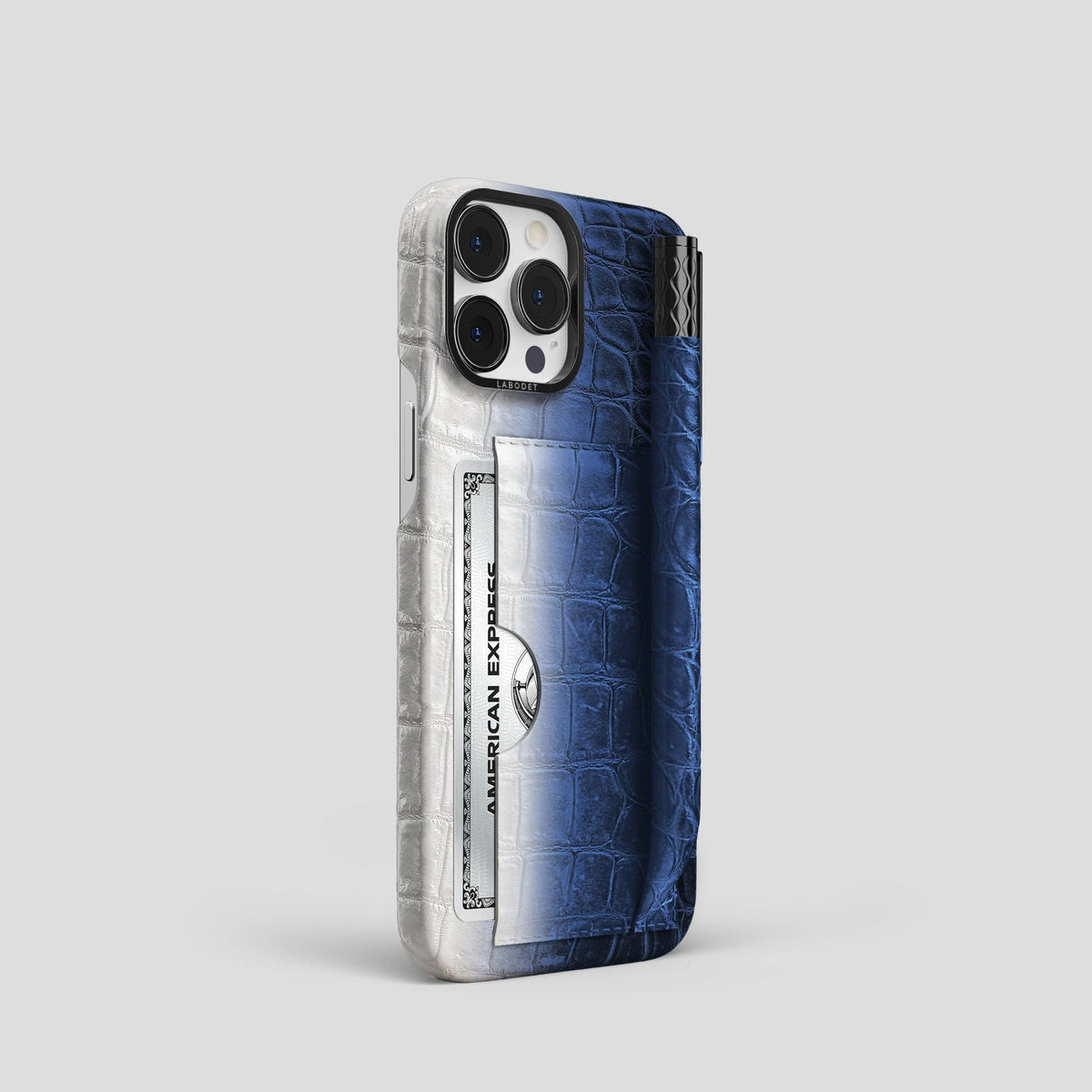 Navy Blue iPhone 14 Pro Himalaya Сard and Pen Holder Case with Black Metal -2 | Navy-Blue-Black
