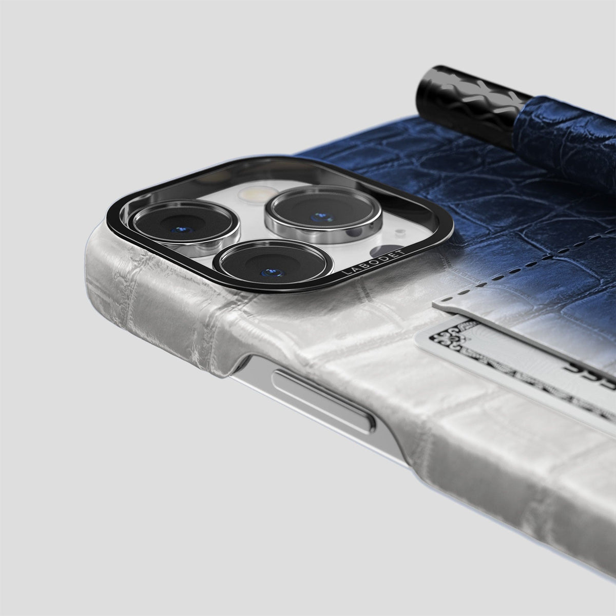Navy Blue iPhone 14 Pro Himalaya Сard and Pen Holder Case with Black Metal -4 | Navy-Blue-Black