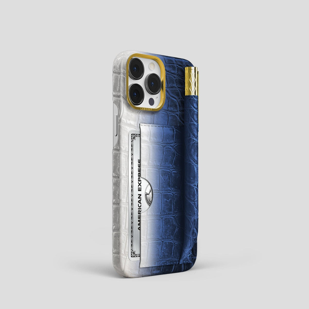 Navy Blue iPhone 14 Pro Himalaya Сard and Pen Holder Case with Gold Metal -2 | Navy-Blue-Gold