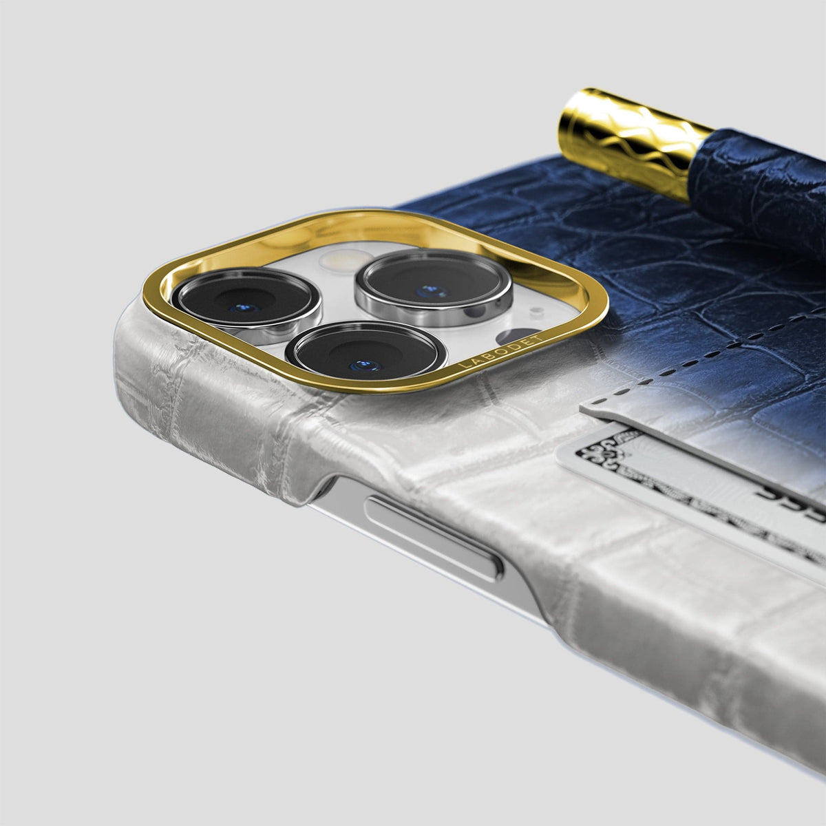 Navy Blue iPhone 14 Pro Himalaya Сard and Pen Holder Case with Gold Metal -4 | Navy-Blue-Gold