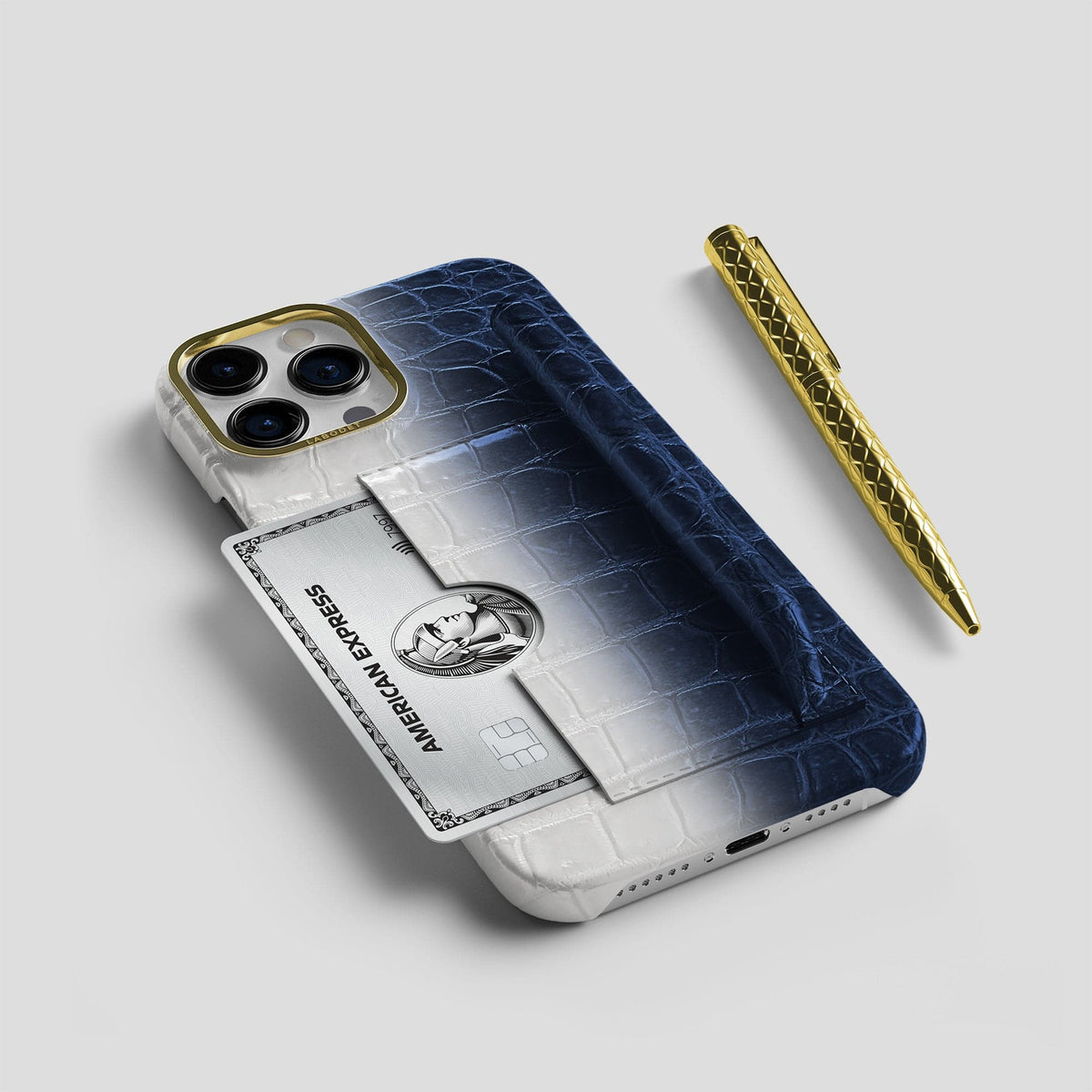 Navy Blue iPhone 14 Pro Himalaya Сard and Pen Holder Case with Gold Metal -5 | Navy-Blue-Gold
