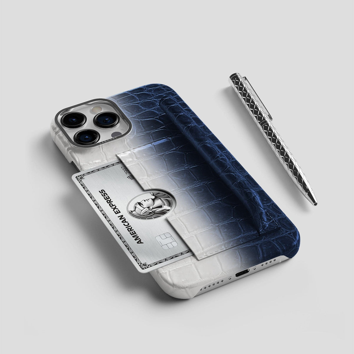 Navy Blue iPhone 14 Pro Himalaya Сard and Pen Holder Case with Steel Metal -5 | Navy-Blue-Steel