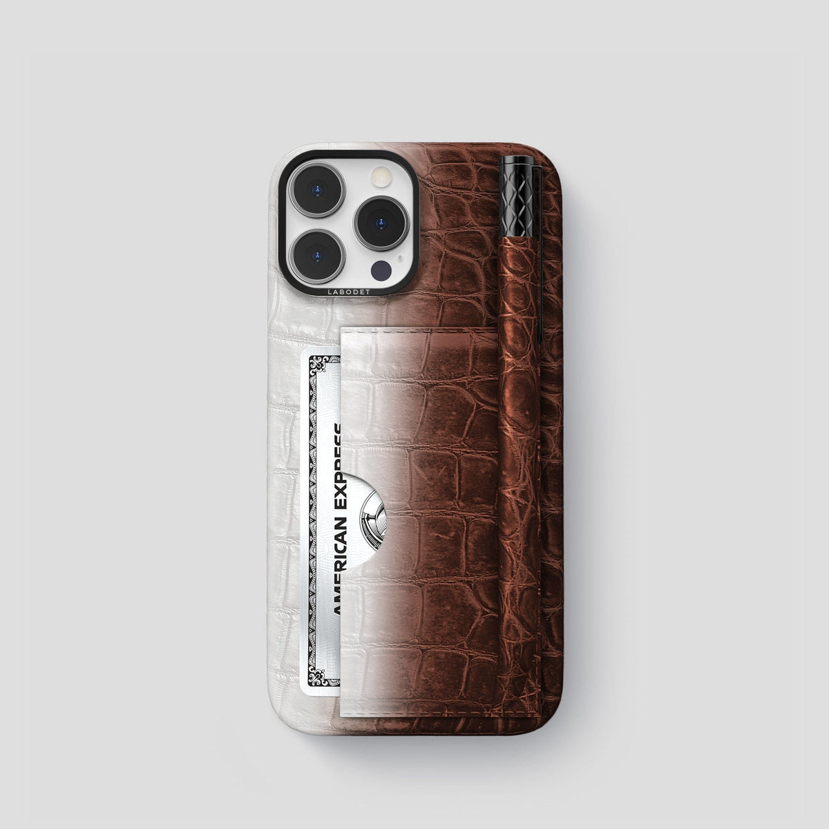 Dark Brown iPhone 14 Pro Himalaya Сard and Pen Holder Case with Black Metal -1 | Dark-Brown-Black