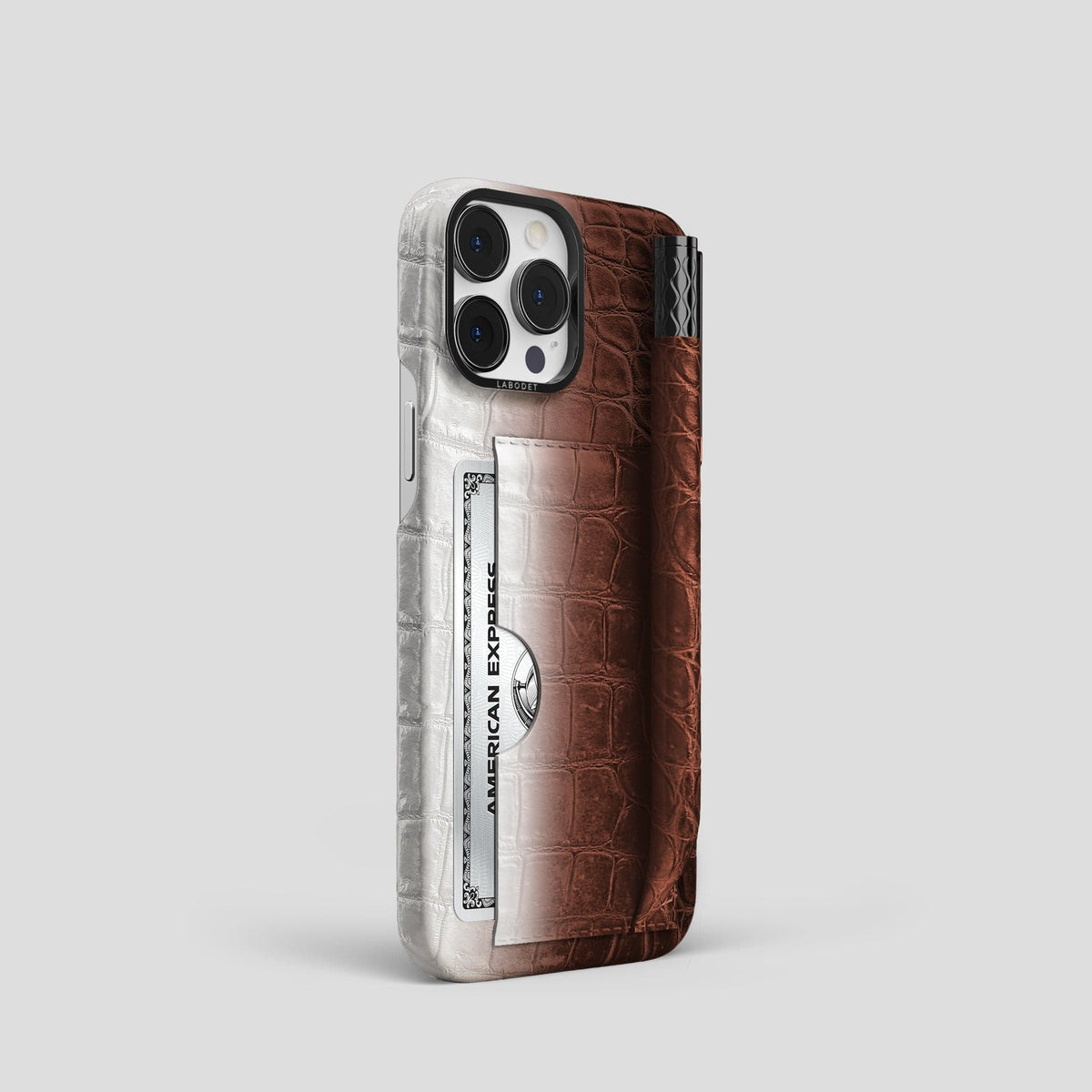 Dark Brown iPhone 14 Pro Himalaya Сard and Pen Holder Case with Black Metal -2 | Dark-Brown-Black